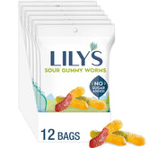 LILY'S No Sugar Added Sour Gummy Worms Candy Bags, 1.8 oz, 12 Ct | Sour Candy, Sour gummy worms with no sugar added, individually packed for gifting, office snacks and candy bowls.