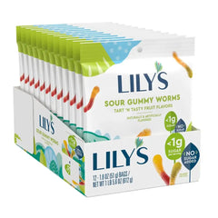 LILY'S No Sugar Added Sour Gummy Worms Candy Bags, 1.8 oz, 12 Ct | Sour Candy, Sour gummy worms with no sugar added, individually packed for gifting, office snacks and candy bowls.